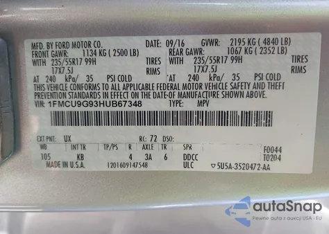 2017 Ford Escape Se z USA, uszkodzony, nr VIN 1FMCU9G93HUB67348